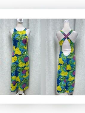 1970 paisley JerSea of Sweden cross back blue yellow green sleeveless dress